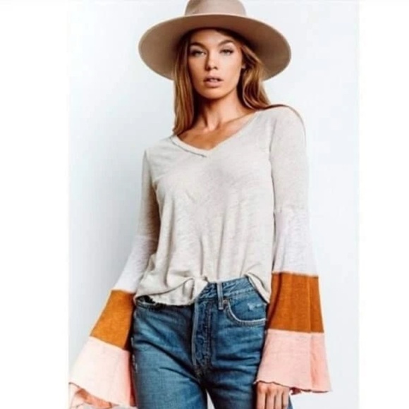 We The Free Tops - Free People Large Spread Your Wings Colorblock Bell Sleeve Tee Top Xs Linen